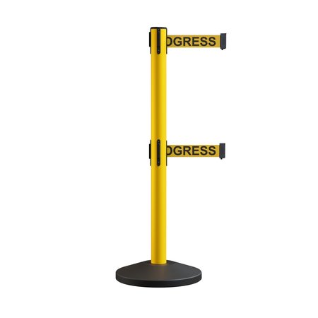 MONTOUR LINE Retractable Dbl Belt Rolling Stanchion, 2.5in YW Post  9' Clea...Belt MS630D-YW-CLEANYB-90